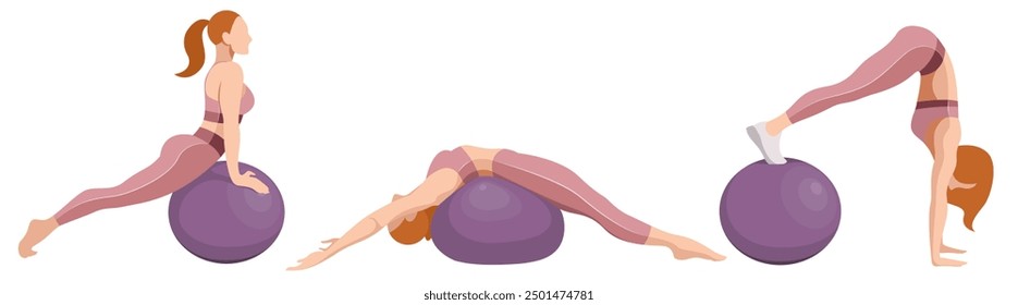 vector illustration of a beautiful slim girl in sportswear (leggings and a sports bra) doing fitness, sports, working out, doing exercises with a fitness ball isolated on a white background.