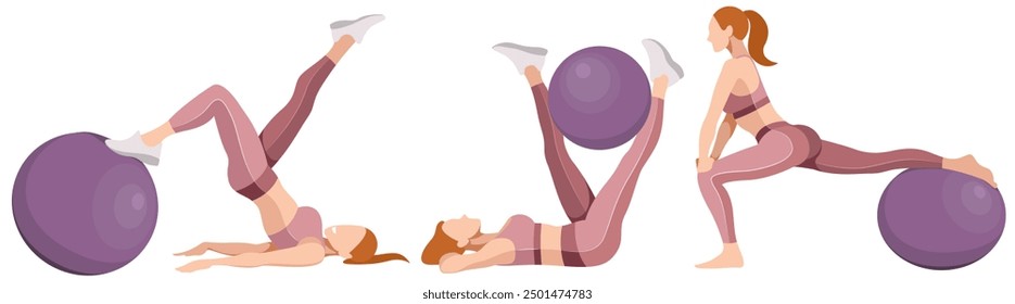 vector illustration of a beautiful slim girl in sportswear (leggings and a sports bra) doing fitness, sports, working out, doing exercises with a fitness ball isolated on a white background.