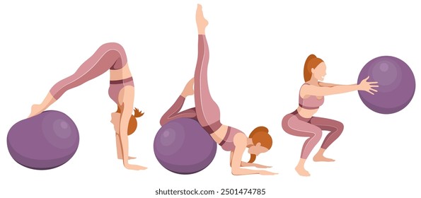 vector illustration of a beautiful slim girl in sportswear (leggings and a sports bra) doing fitness, sports, working out, doing exercises with a fitness ball isolated on a white background.