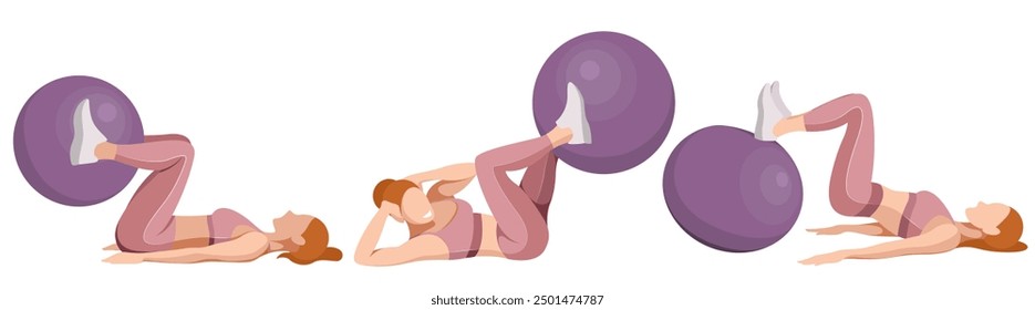 vector illustration of a beautiful slim girl in sportswear (leggings and a sports bra) doing fitness, sports, working out, doing exercises with a fitness ball isolated on a white background.