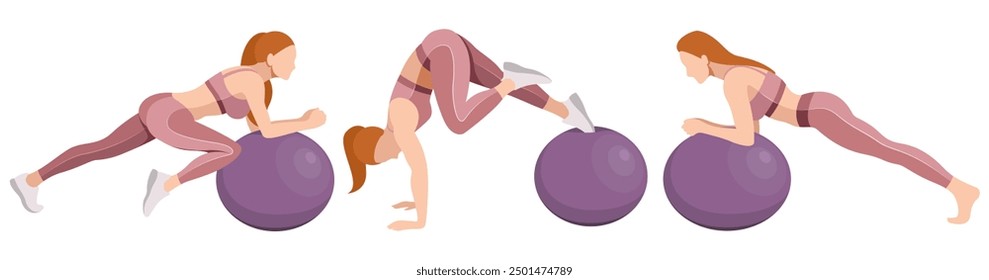 vector illustration of a beautiful slim girl in sportswear (leggings and a sports bra) doing fitness, sports, working out, doing exercises with a fitness ball isolated on a white background.