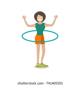 Vector illustration of beautiful slim woman doing hula hoop exercises. Training outside people concept flat style design element, icon isolated on white background.