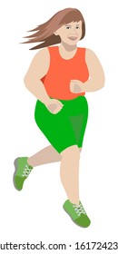Vector illustration of a beautiful smiling fat young woman enjoying running, jogging, cardio training, seek for health.
