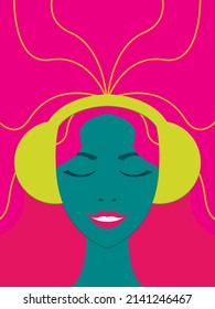 Vector illustration - a beautiful smiling female face with closed eyes and long pink hair wearing headphones trendy colors. Concept relaxation and music and CD cover