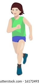 Vector illustration of a beautiful smiling girl enjoying running, jogging, cardio training, seek for health. White background.