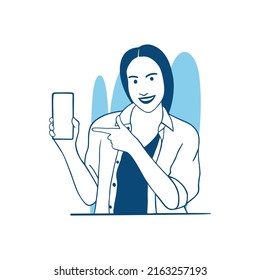 vector illustration beautiful smiling girl showing smartphone display