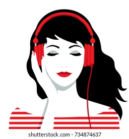 Vector illustration of the beautiful smiling girl with headphones on her head