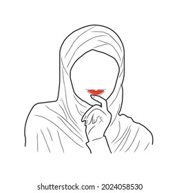 Vector Illustration of a beautiful smiling muslim woman with hijab or veil. One line art, simple sketch female drawing isolated in white background.