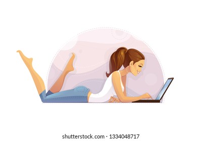 Vector Illustration of a Beautiful Smiling Woman Lying on The Floor and Working with Laptop.