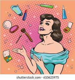 Vector illustration of beautiful smiling woman scattering makeup around herself, retro pop art comic style.