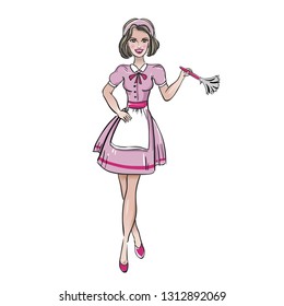 Vector Illustration Of A Beautiful Smiling Young Woman Wearing French Maid Outfit With Pink Dress And White Apron, Holding A Feather Duster, In Vintage Retro Style, Isolated On White.