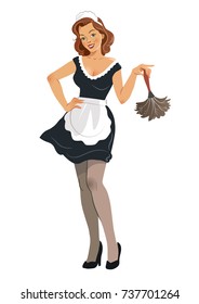 Vector Illustration Of A Beautiful Smiling Young Woman Wearing French Maid Outfit With Black Dress And White Apron, Holding A Feather Duster, In Vintage Retro Pinup Girl Style, Isolated On White.