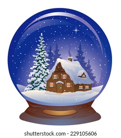 Vector illustration of a beautiful snow globe with a snowy Christmas house, isolated on a white background