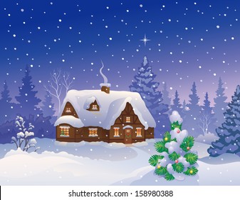 Vector illustration of a beautiful snowy Christmas cottage and decorated fir tree