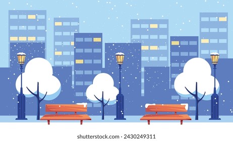 Vector illustration of a beautiful snowy cityscape.Cartoon scene of a modern evening city with high-rise buildings,yellow light in the windows, snow-covered trees, street lamps,benches, falling snow.