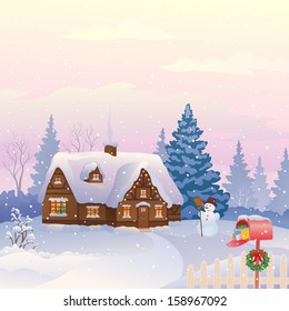 Vector illustration of a beautiful snowy cottage with a full mailbox