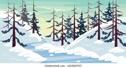 Vector illustration of a beautiful snowy path and lake. Cartoon forest landscape with snow-covered trees and falling snow in winter.