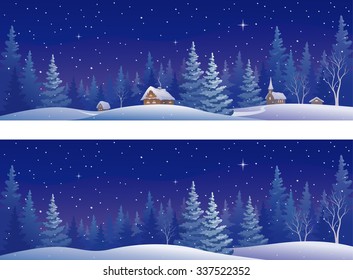 Vector illustration of a beautiful snowy winter forest, panoramic banners