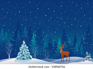 Vector illustration of a beautiful snowy xmas forest scene with a cute young deer