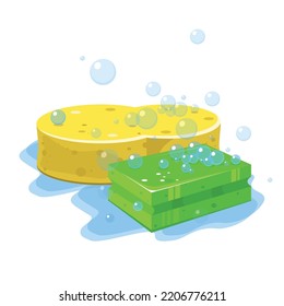 Vector illustration of beautiful soap sponges. Home cleaning equipment, large and small sponges for washing dishes, floors in cartoon style.