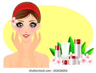 Vector illustration of Beautiful spa woman touching her face after Skincare. Young Skin.Perfect skin. Moisturizing. Cut out.Spa Woman Promotes cream.