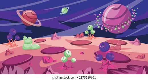 Ilustración vectorial de hermosos planetas espaciales. Paisaje espacial de dibujos animados con diferentes planetas, cráteres, plantas alienígenas, piedras.