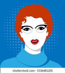 Vector illustration of beautiful speaking woman wearing eyeglasses and blue sweater aganst spotted background