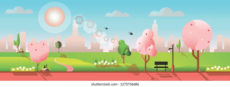 Vector illustration of a beautiful spring city park with apple blossom tree,flare and building background.Panoramic landscape of spring scene in the city park  windy,flower sweep away.Hello spring. 