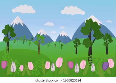 Vector illustration of beautiful spring field landscape with green hills and bright color blue sky, country background at dawn,  in flat cartoon style banner. Silhouette graphic illustration of nature