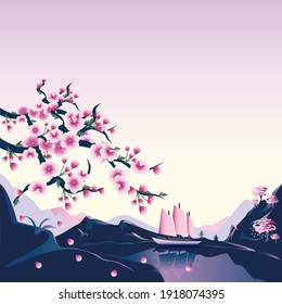Vector illustration of a beautiful spring landscape with cherry blossoms, mountains and a sailboat on a lilac background. Background for the spring card.