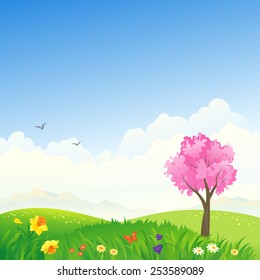 Vector illustration of a beautiful spring landscape with blooming hills and pink tree