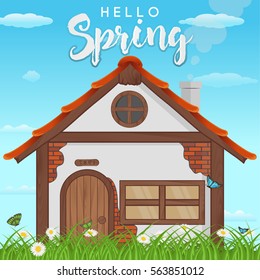 Vector illustration of beautiful spring landscape with a home