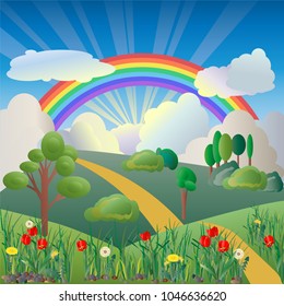 Vector illustration of a beautiful spring or summer landscape with a rainbow, pathway to the horizon, tulips, dandelions and grass on the front. Nature spring background with rainbow.