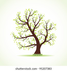 Vector illustration of beautiful spring tree with fresh new leaves and grass.