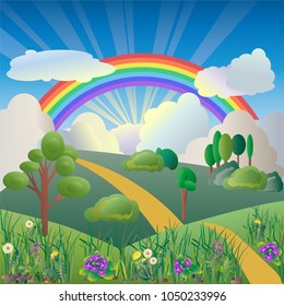 Vector illustration of a beautiful srping  landscape with a rainbow, pathway to the horizon, purple primroses, dandelions, spring flowers and grass on the front. Nature  background with rainbow.