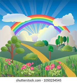 Vector illustration of a beautiful srping or summer landscape with a rainbow, pathway to the horizon, peonies, spring flowers and grass on the front. Nature spring background with rainbow.