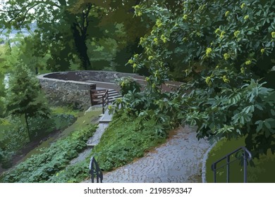 Vector illustration of a beautiful stone viewpoint at the end of the park. View from the castle park. Park, trees, relax, rest. Stone walkways. Walk, romance, view.