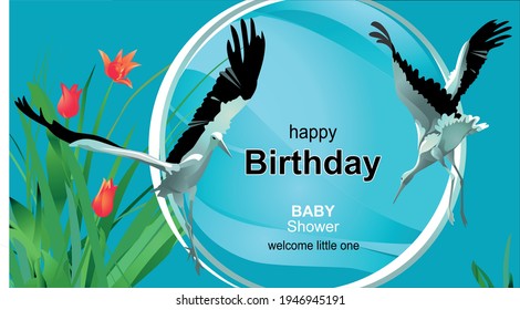 Vector illustration with beautiful storks on a gentle blue background with red flowers and a place for a text. Congratulations on the birth of a child, an invitation to a newborn, postcards, flyers.