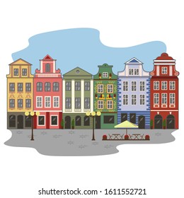 Vector illustration of beautiful street  in Prague, multicolor buildings, beautiful view in pedestrian area, pavement, lanterns and street cafe