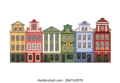 Ilustración vectorial de una hermosa calle en Praga, edificios multicolores, hermosas vistas en la zona peatonal, pavimento, farolillos y café callejero