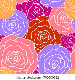 Vector illustration of beautiful stylized rose flowers in linear seamless pattern on isolated background