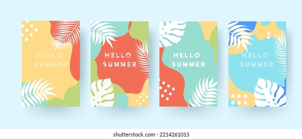 Ilustración vectorial de bellas tarjetas de verano para invitaciones con texto de verano Hello. Espuma marina, costa, vacaciones, vacaciones, calor. Concepto de turismo. Ilustración para negocios y publicidad