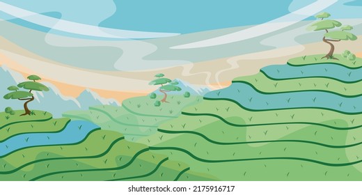 Vector illustration of beautiful summer Chinese rice fields. Cartoon Chinese landscape with mountains, fields, trees on the tops.