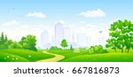 Vector illustration of a beautiful summer city park, panoramic banner