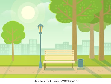 Vector illustration of a beautiful summer city park  with town building background. Evening in the park.