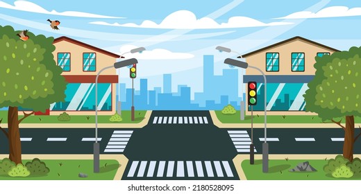Vector illustration of a beautiful summer crossroads. Cartoon urban landscape with trees, path, lantern, houses, birds, traffic lights, highway and city in the background.