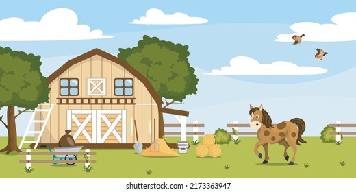 Vector Illustration Beautiful Summer Farm Cartoon Stock Vector (Royalty ...