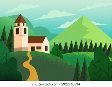 Vektorgrafik mit schönem Blick auf das Sommerfeld mit Morgengrauen, grünen Hügeln, hellblauem Himmel, Landhintergrund, Haus und Berg in flachem Design