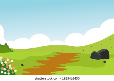 Vector illustration of beautiful summer field view with dawn, green hills, bright blue sky color.