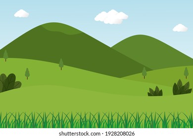 Vector illustration of beautiful summer field view with dawn, green hills, bright blue sky color